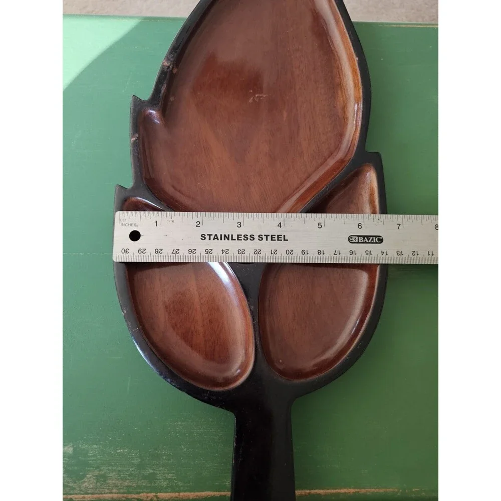 Vintage Wood Leaf Shaped Tray 3 Sections 16 Inches Long Made In Haiti